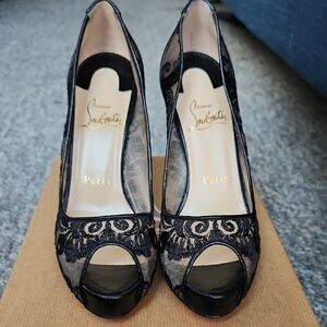 Christian Louboutin VERY LACE 120 RETE Black Lace Peep-Toe Heels